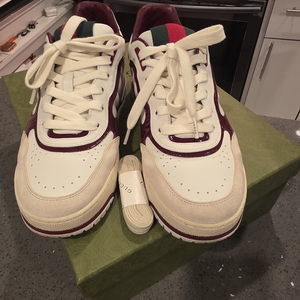 GUCCI Re-Web Trainer White & Red Leather Sneakers 818002 Gucci Sz 8 Box & Dust - Picture 8 of 16